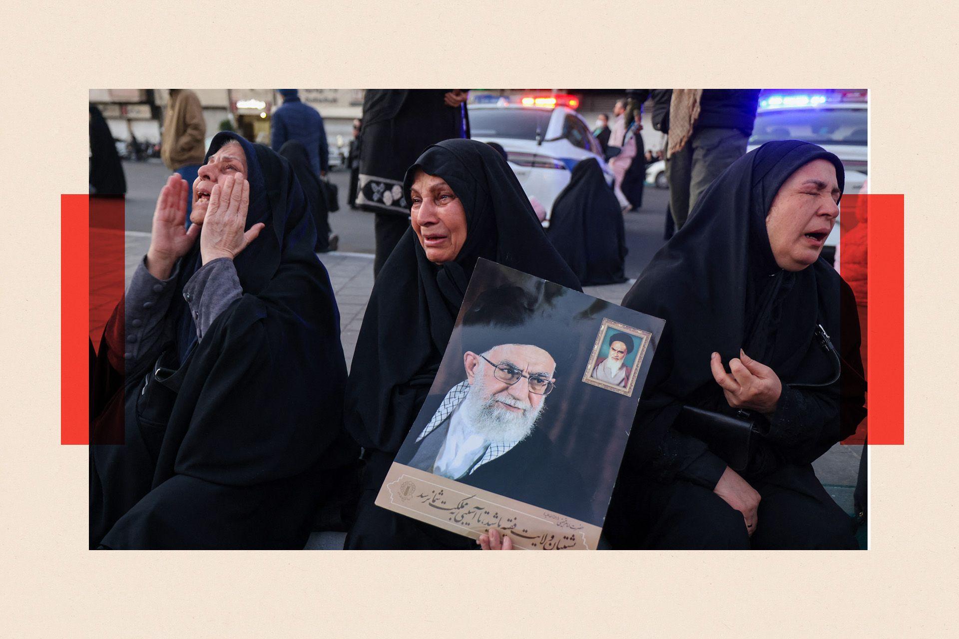 Women in black chadors weeping and holding a portrait of Ali Khamenei