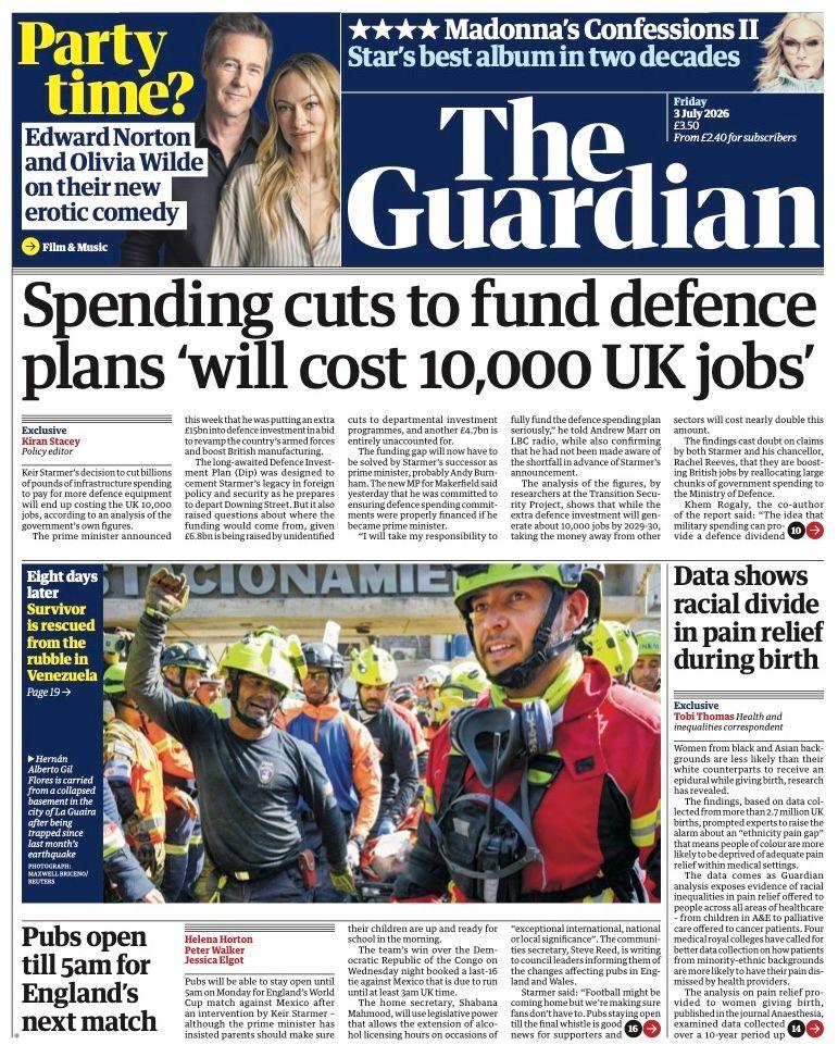 "Spending cuts to fund defence plans 'will cost 10,000 UK jobs'," reads the headline on the front page of the Guardian