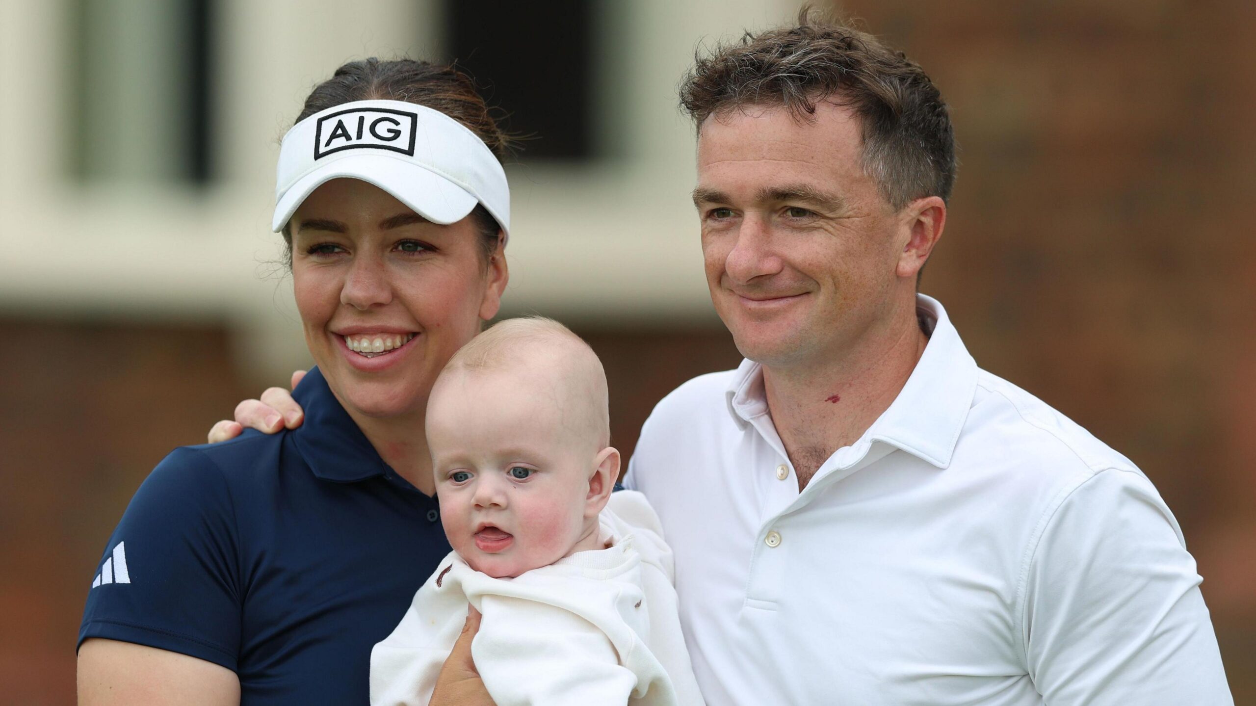 Georgia Hall (left) poses for a photo with son Conor (centre) and fiance Paul Dunne (right) at Royal Lytham and St Annes
