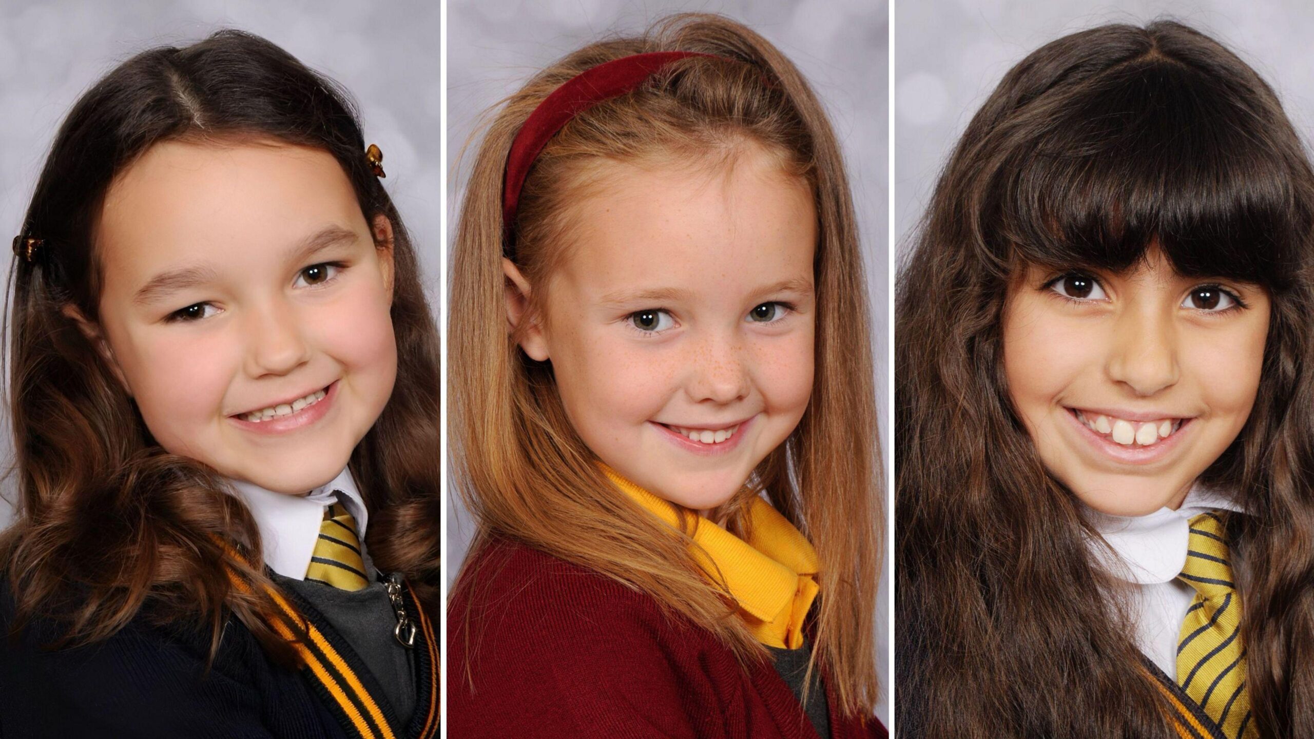 A composite image showing school photos of Bebe King, six; Elsie Dot Stancombe; Seven and nine-year-old Alice da Silva Aguiar. All three are smiling and are wearing their school uniforms.