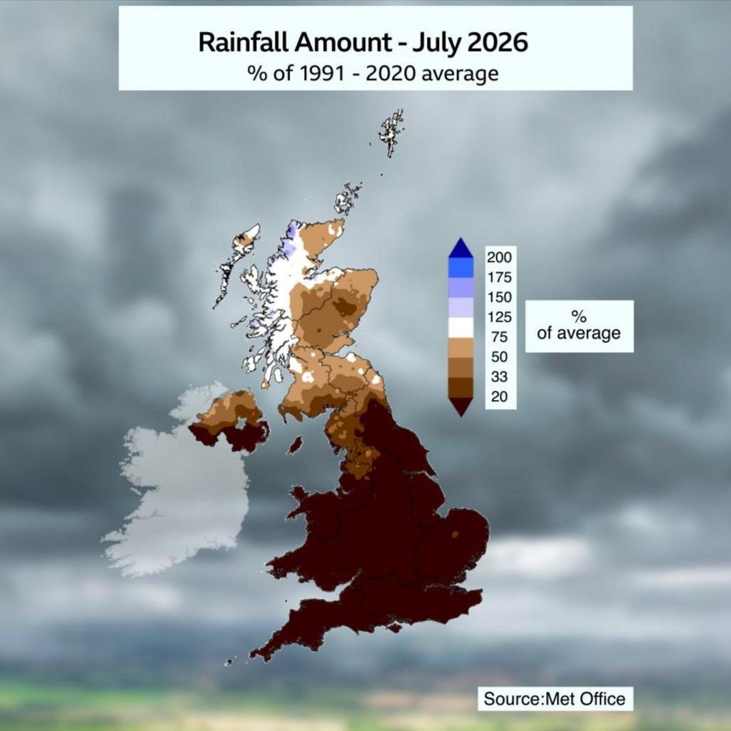 Met Office anomaly map showing that Wales and most of England have had significantly less rain than in an average July