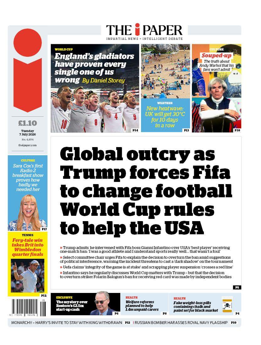 The headline on the front page of the i Paper reads: 'Global outcry as Trump forces Fifa to change football World Cup rules to help the USA.'
