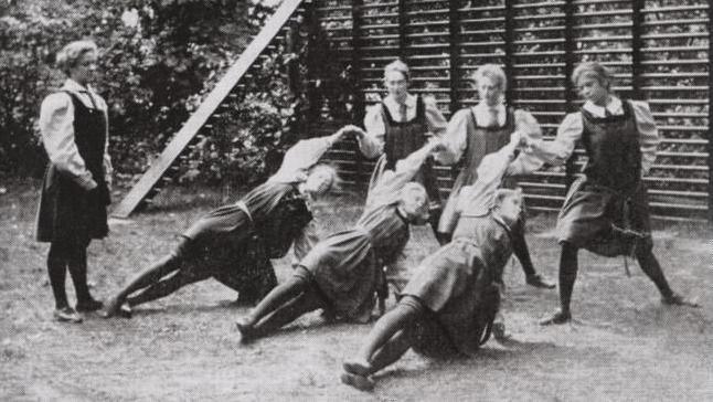 Martina Bergman Osterberg's students contesting a netball game outside at Dartford in 1897