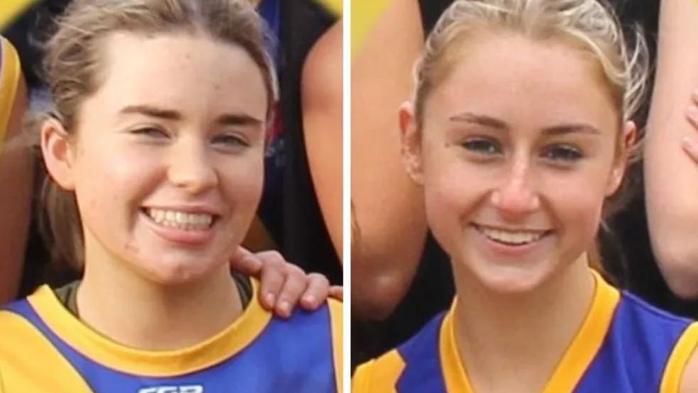 Close up images of two smiling young women with hair in pony tails.