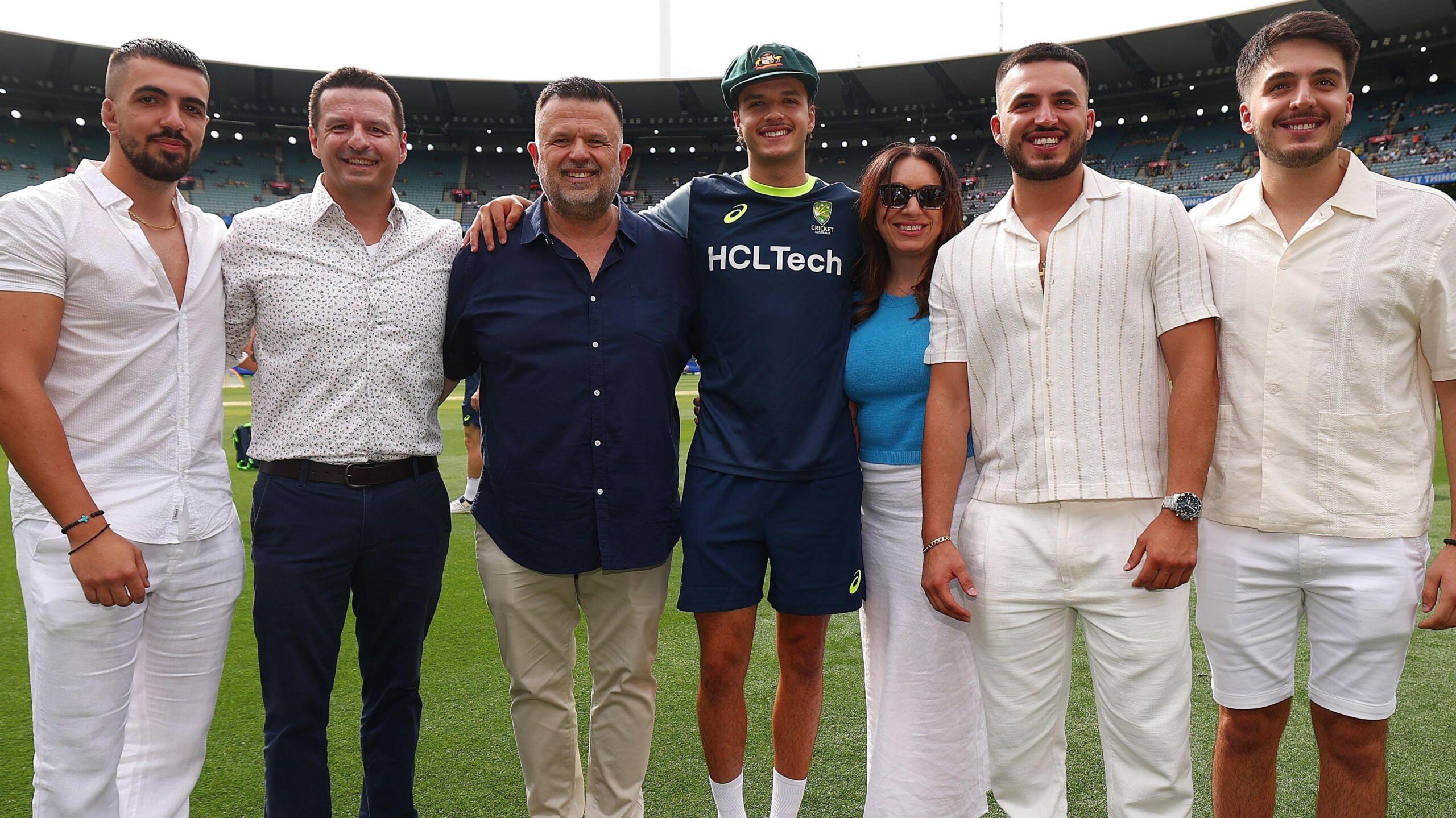 Sam Konstas, centre, with his family before his Test debut for Australia in December 2024 including brother Billy, second from the right.