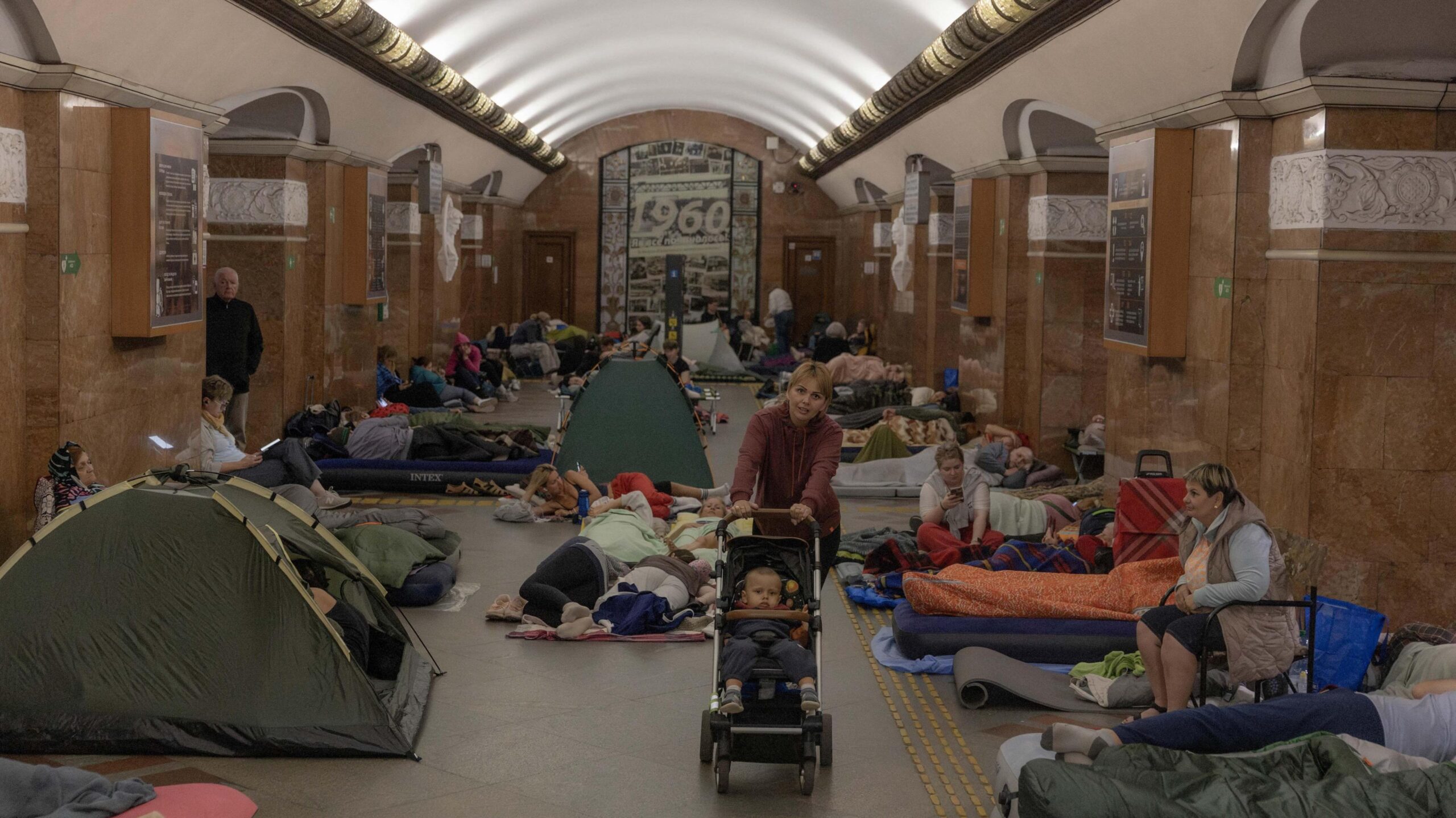 Tents, sleeping bags and roll-up mattresses used by people camping out in an underground metro station in central Kyiv.