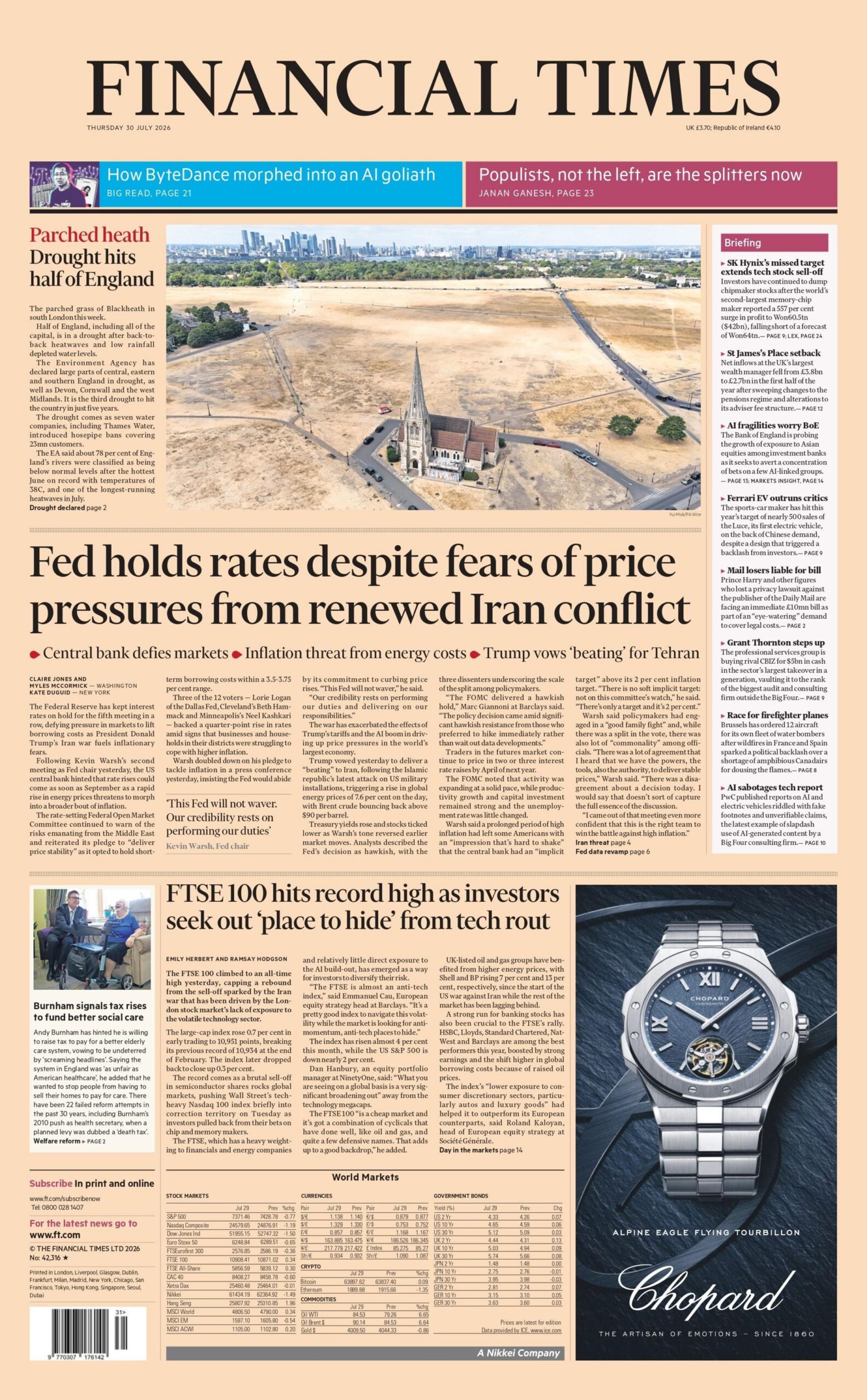 "Fed holds rates despite fears of price pressures from renewed Iran conflict," reads the headline on the front page of the Financial Times.