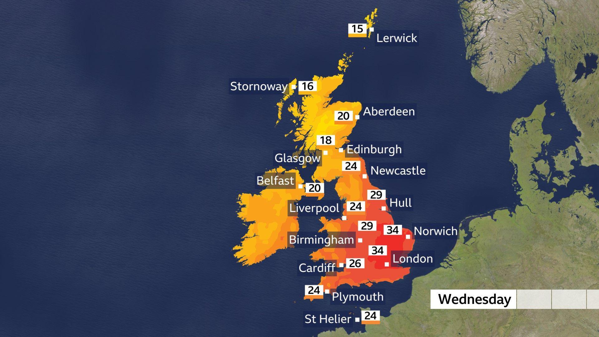 A temperature map for Wednesday showing the maximum temperatures across the UK raging from 34C in London to just 16C in the north of the UK