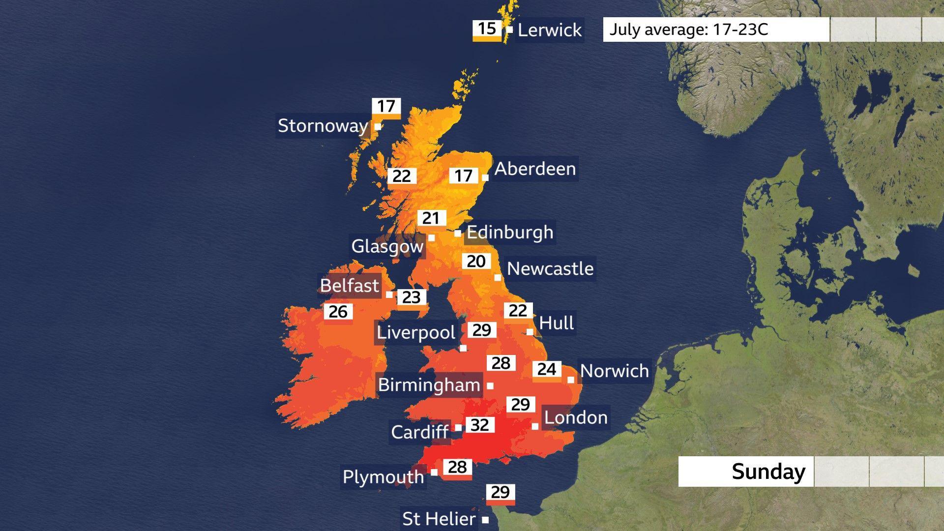 A weather forecast map shows temperatures across the UK ranging from 15C in Lerwick, Scotland, to 29C in London predicted for Sunday.