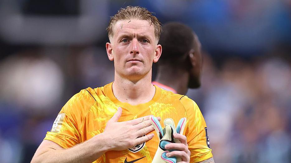 Jordan Pickford looks on after England's World Cup semi-final defeat to Argentina