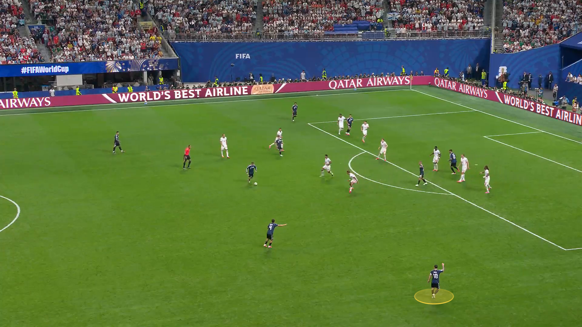 Screengrab from Argentina vs England showing Messi's right-wing position and the space he was able to find