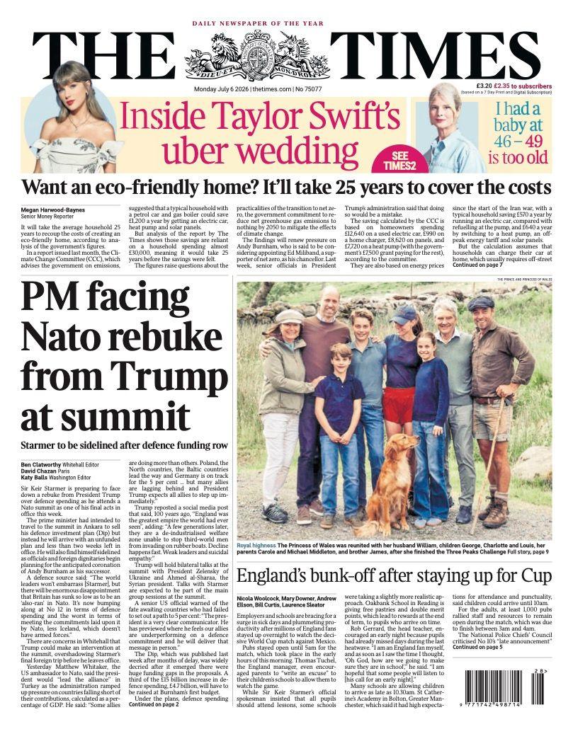 The headline on the front page of the Times reads: 'PM facing Nato rebuke from Trump at summit.'