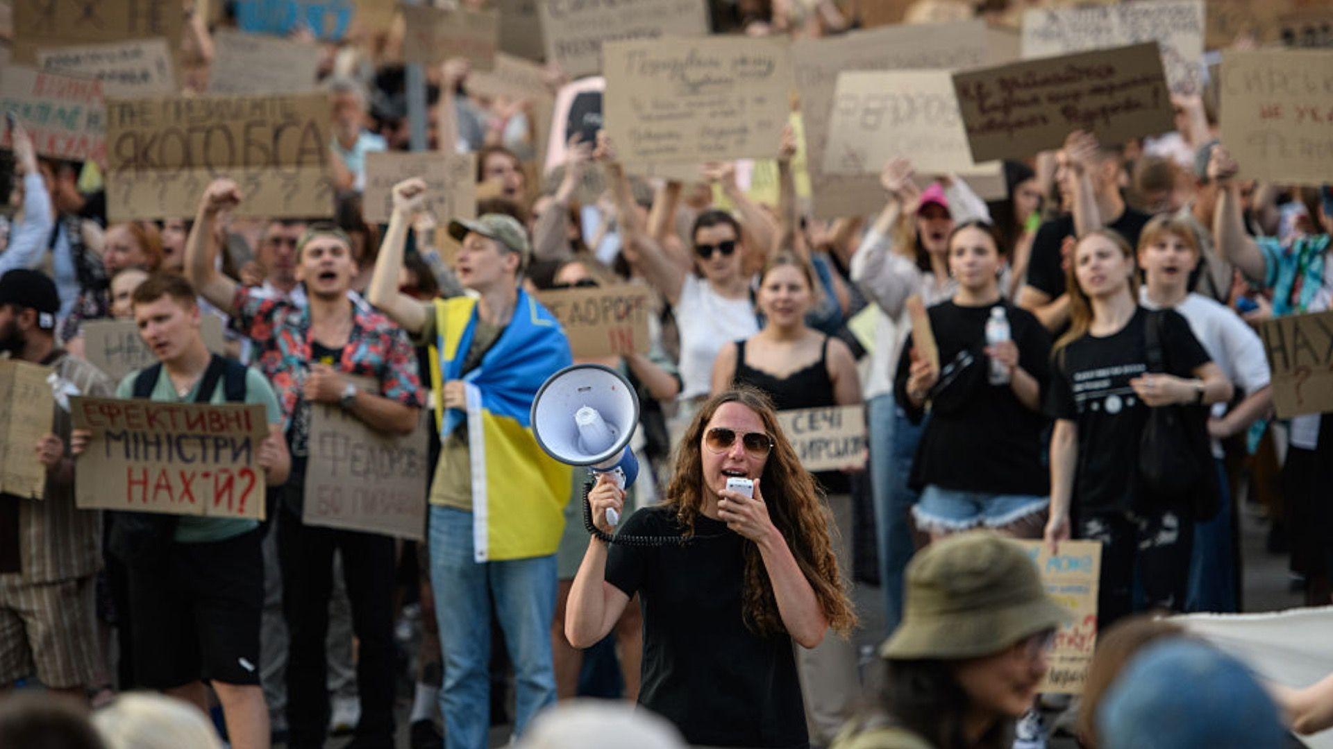 Protesters during a demonstration against the dismissal of Mykhailo Fedorov, Ukraine's defense minister, in Kyiv, Ukraine