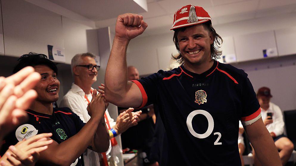 Benhard Janse van Rensburg celebrates being awarded his England Test cap