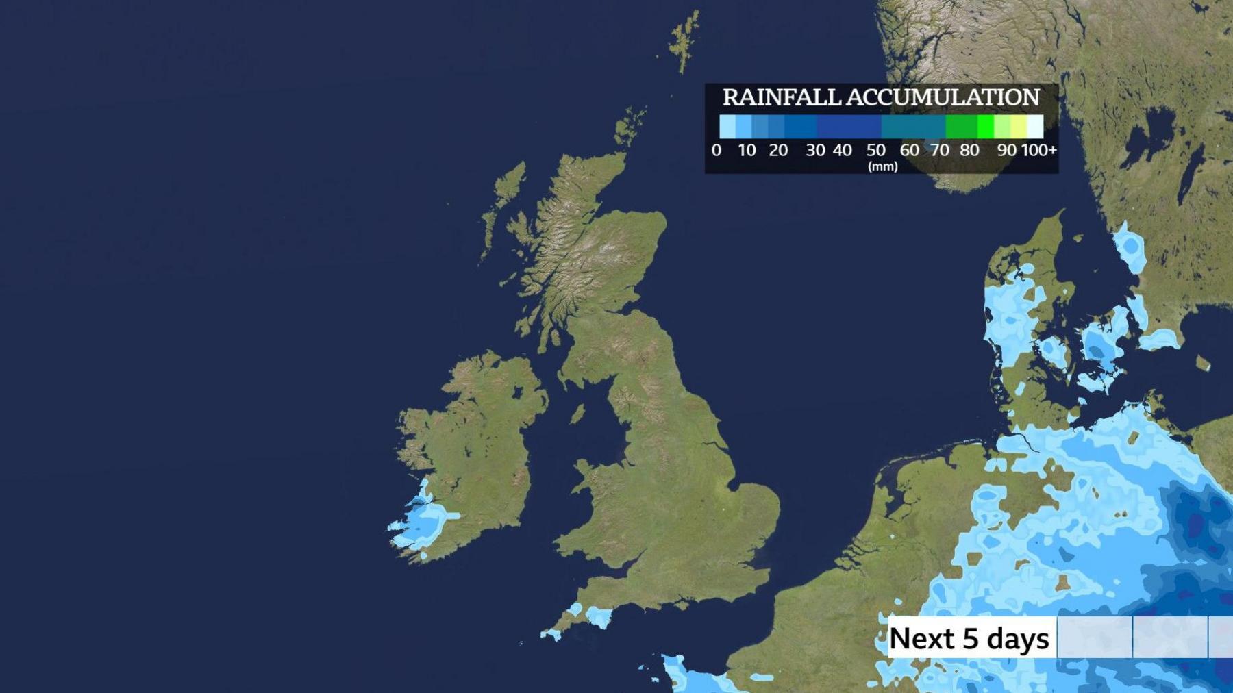 A BBC Weather chart showing forecast rainfall accumulations, with almost all areas of the UK expected to see no rain. A few areas of south-west England may see a little wet weather, as well as the Channel Islands.