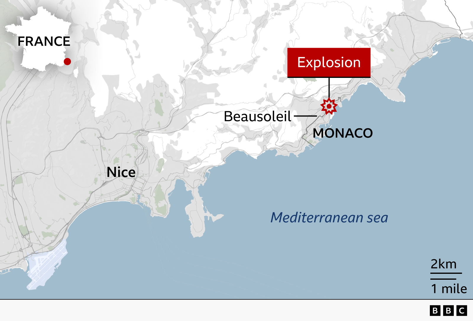 BBC map showing the location of an explosion in the north of Monaco near the border with France. The principality of Monaco is located in the southeast of France on the Mediterranean coast, around 15km (10 miles) to the east of Nice. The map also labels the French commune (town) of Beausoleil which lies across the border from Monaco.