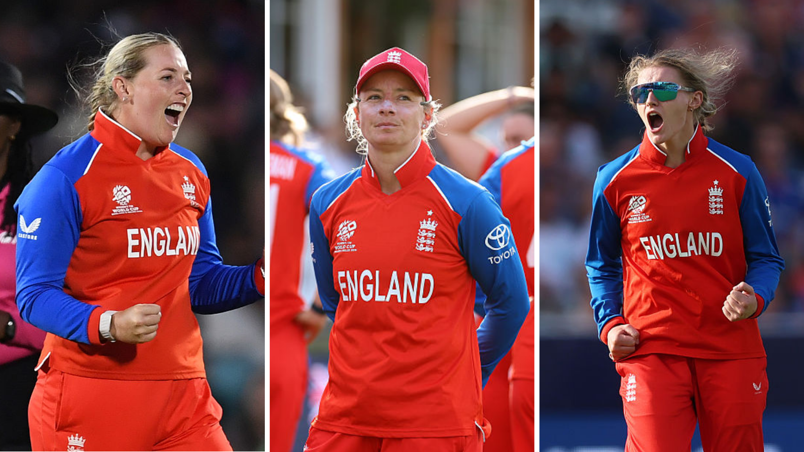 Split image of Sophie Ecclestone, Danni Wyatt-Hodge and Charlie Dean - all wearing red England kits with blue sleeves
