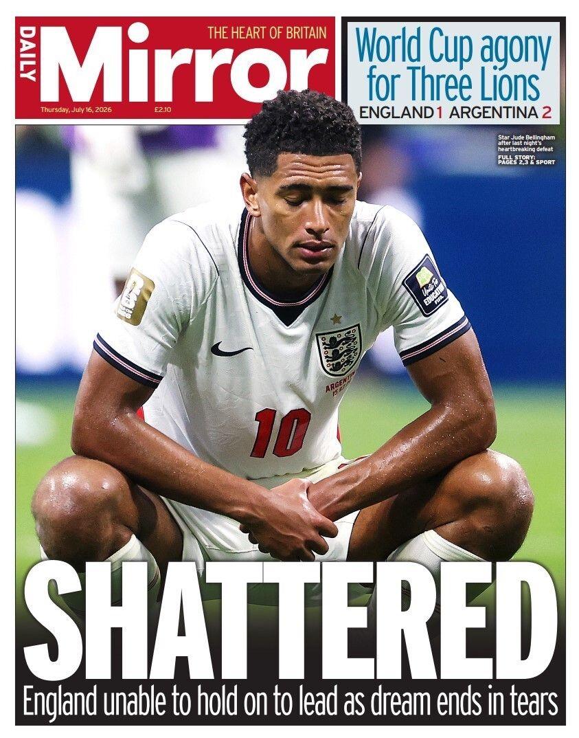 "Shattered: England unable to hold on to lead as dream ends in tears," reads the headline on the front page of the Daily Mirror.