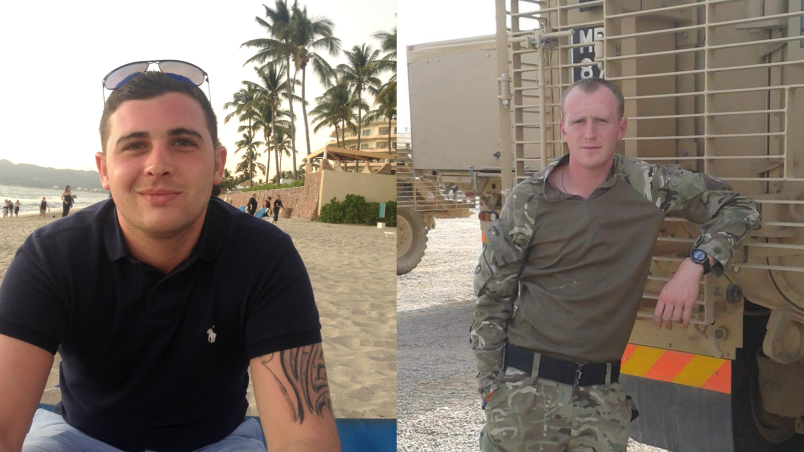 Matthew Hatfield (left) who had dark short hair and was wearing a dark polo shirt, smiling on a beach. Darren Neilson (right) wearing army uniform and standing by an army vehicle. He had short fair hair.
