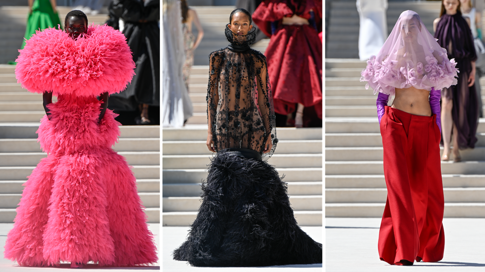 Models on the runway at the Balenciaga fashion show as part of Paris Haute Couture Fall/Winter 2026 fashion week held at Cité Universitaire de Paris on July 08, 2026 in Paris, France.