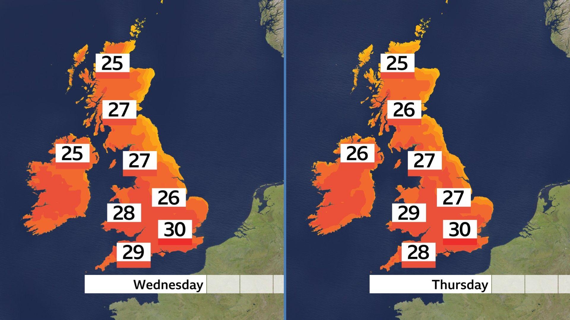 Two temperature contour maps of the UK for Wednesday and Thursday showing temperatures of 25-30 Celsius.
