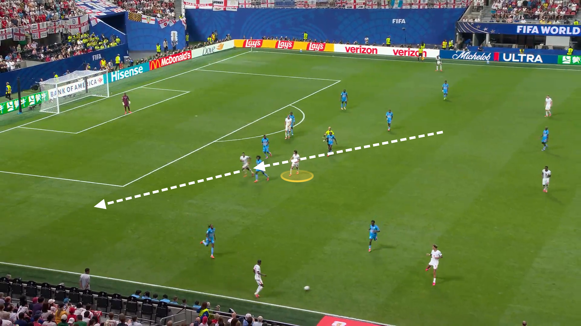 Screen grab from England v DR Congo illustrating Jude Bellingham's diagonal run behind the opposition right-back