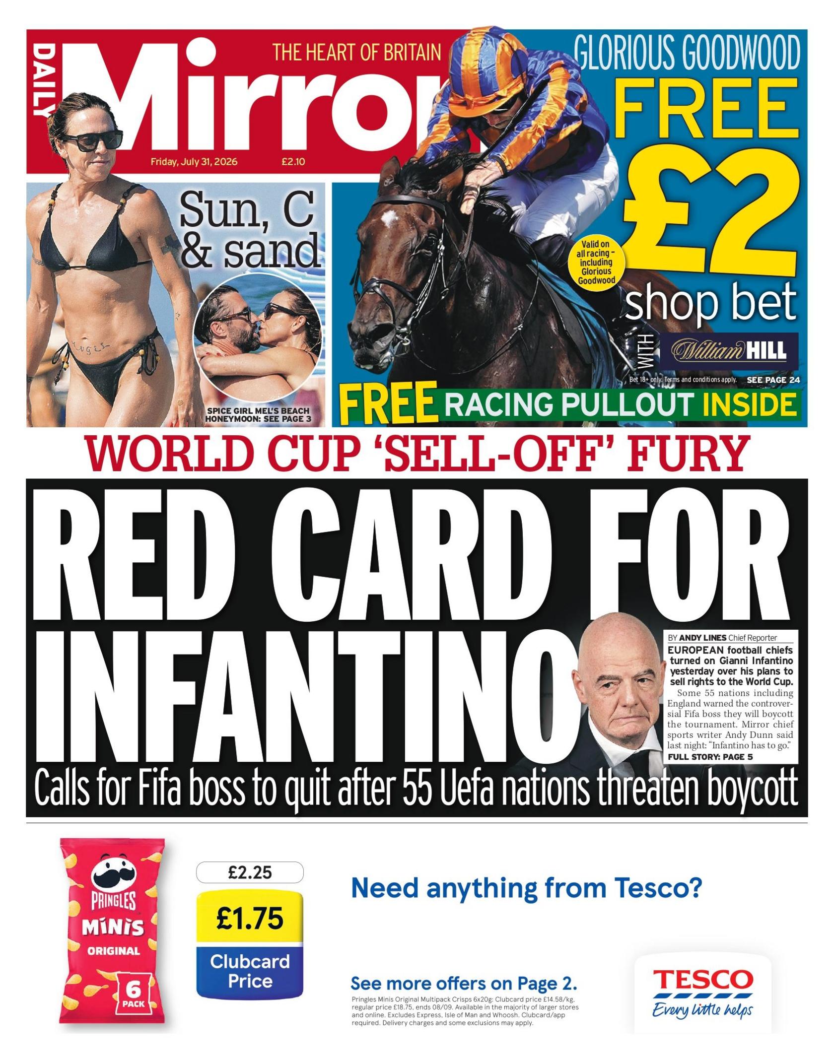 "Red card for Infantino," reads the headline on the front page of the Daily Mirror.
