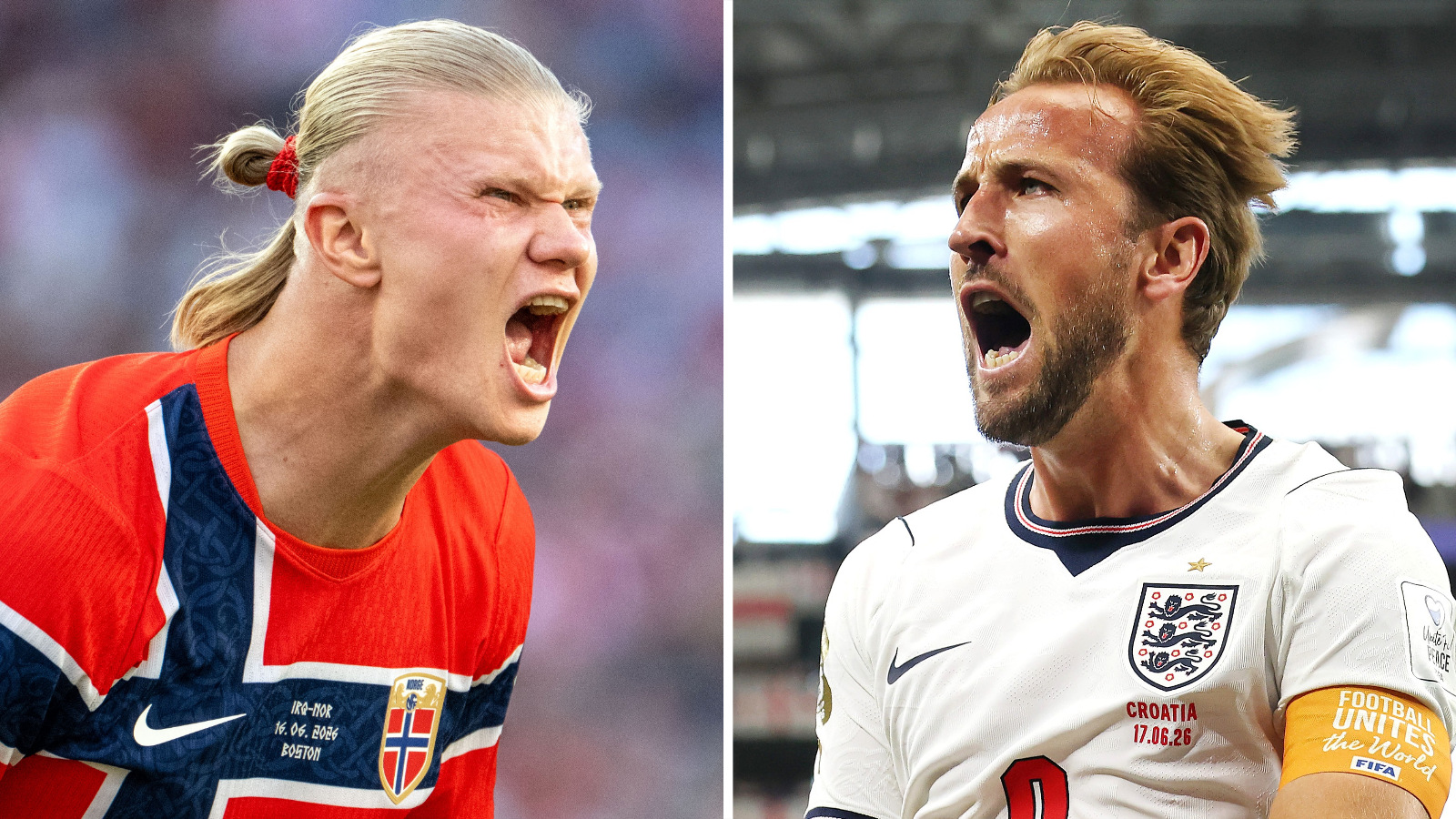A split image of Erling Haaland and Harry Kane both screaming