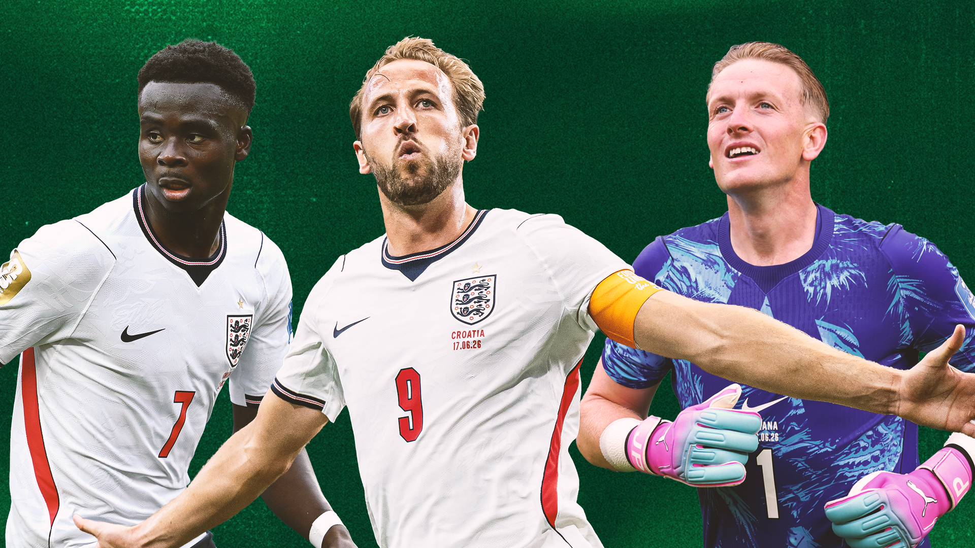 A stylised image of four football players. Bukayo Saka is shown on the far left in an England jersey. Harry Kane is in the centre in a white England shirt with a captains armband, with a neutral expression. To his right is Jordan Pickford, wearing a purple jersey and pink and blue gloves. The players are superimposed on a green zigzag background.