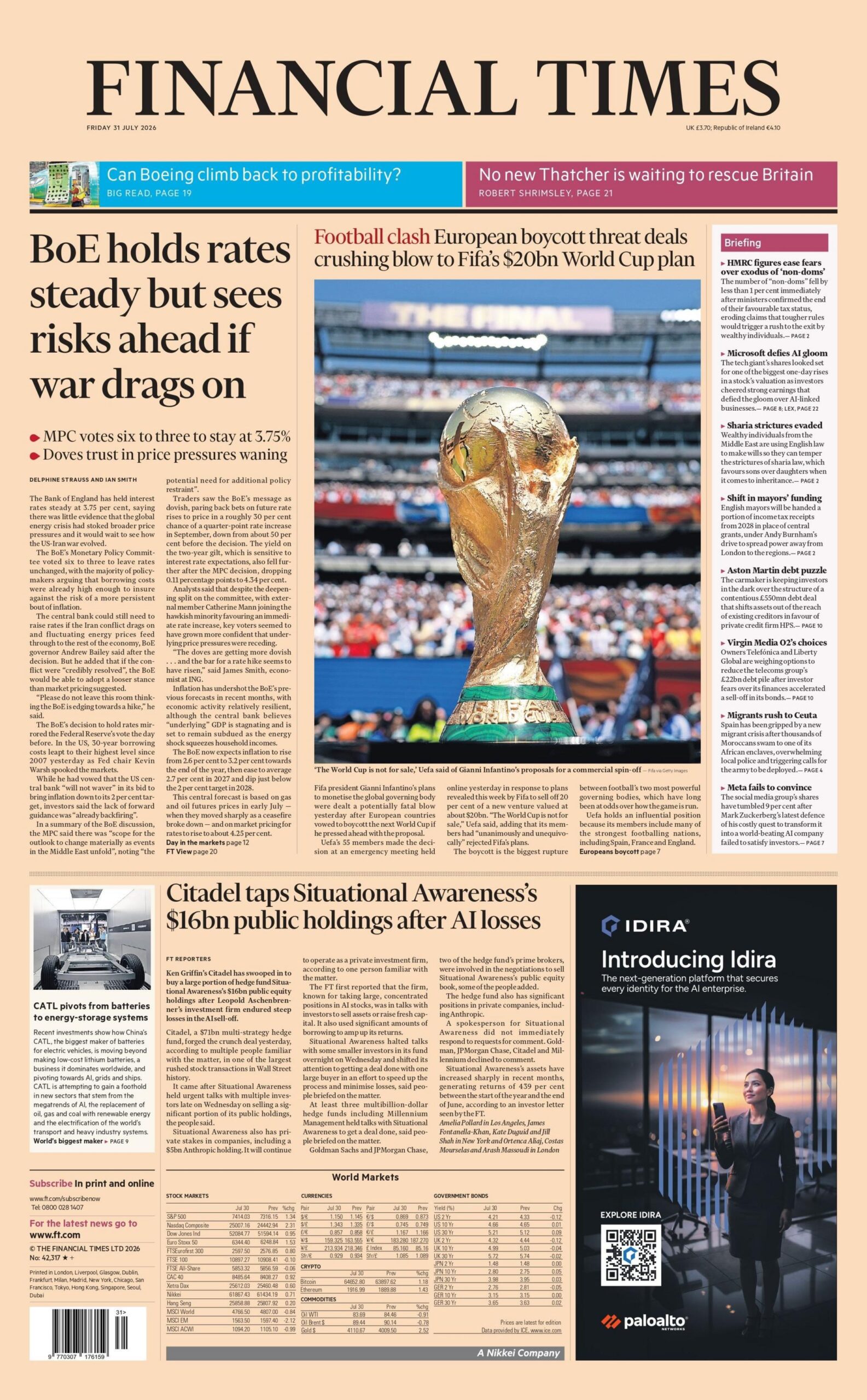 "BoE holds rates steady but sees risks ahead if war drags on," reads the headline on the front page of the Financial Times.