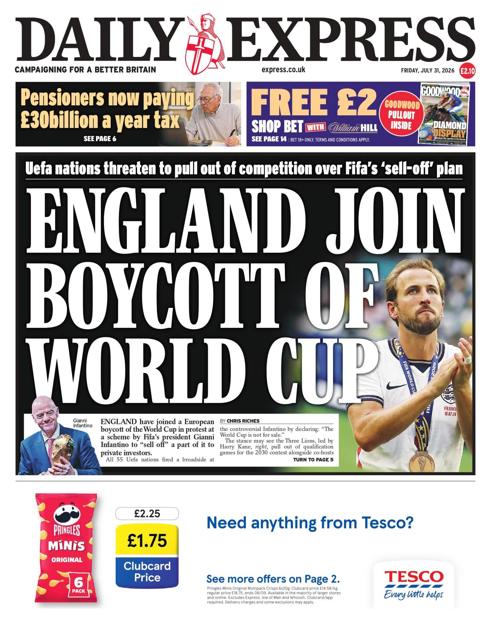"England join boycott of World Cup," reads the headline on the front page of the Daily Express.