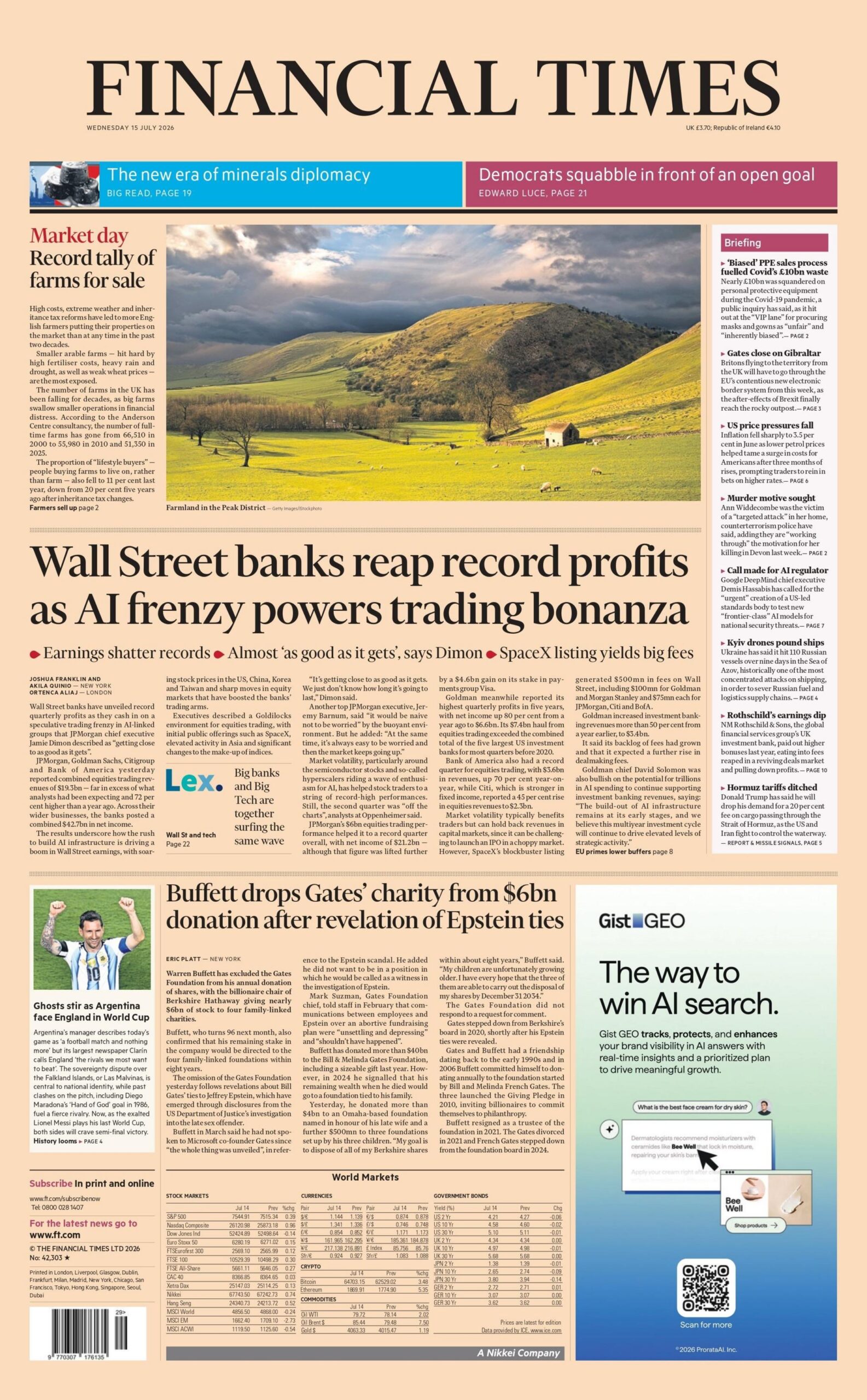 "Wall Street banks reap record profits as AI frenzy powers trading bonanza," reads the headline on the front page of the Financial Times.