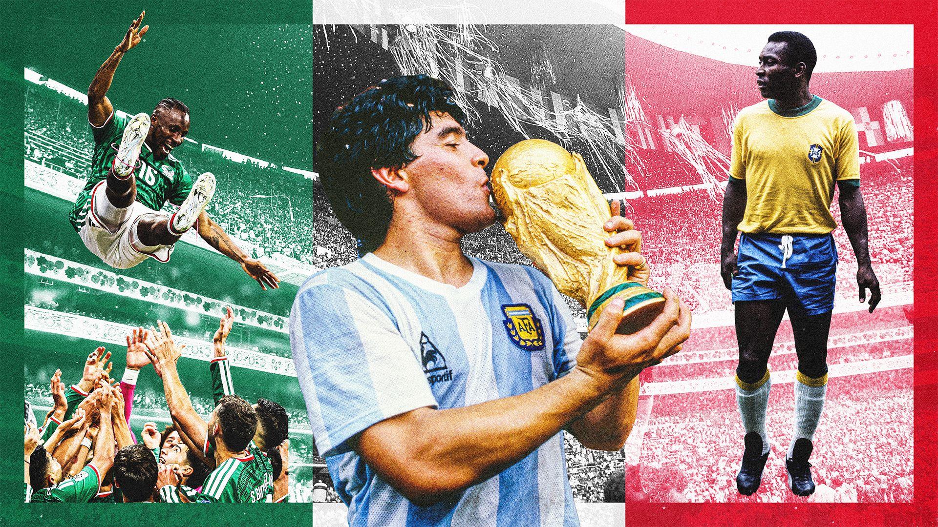 A composition image featuring Mexico's 2026 Fifa World Cup squad, Diego Maradona, and Pele in front of a backdrop of Estadio Azteca, templated with the colours of the Mexican flag