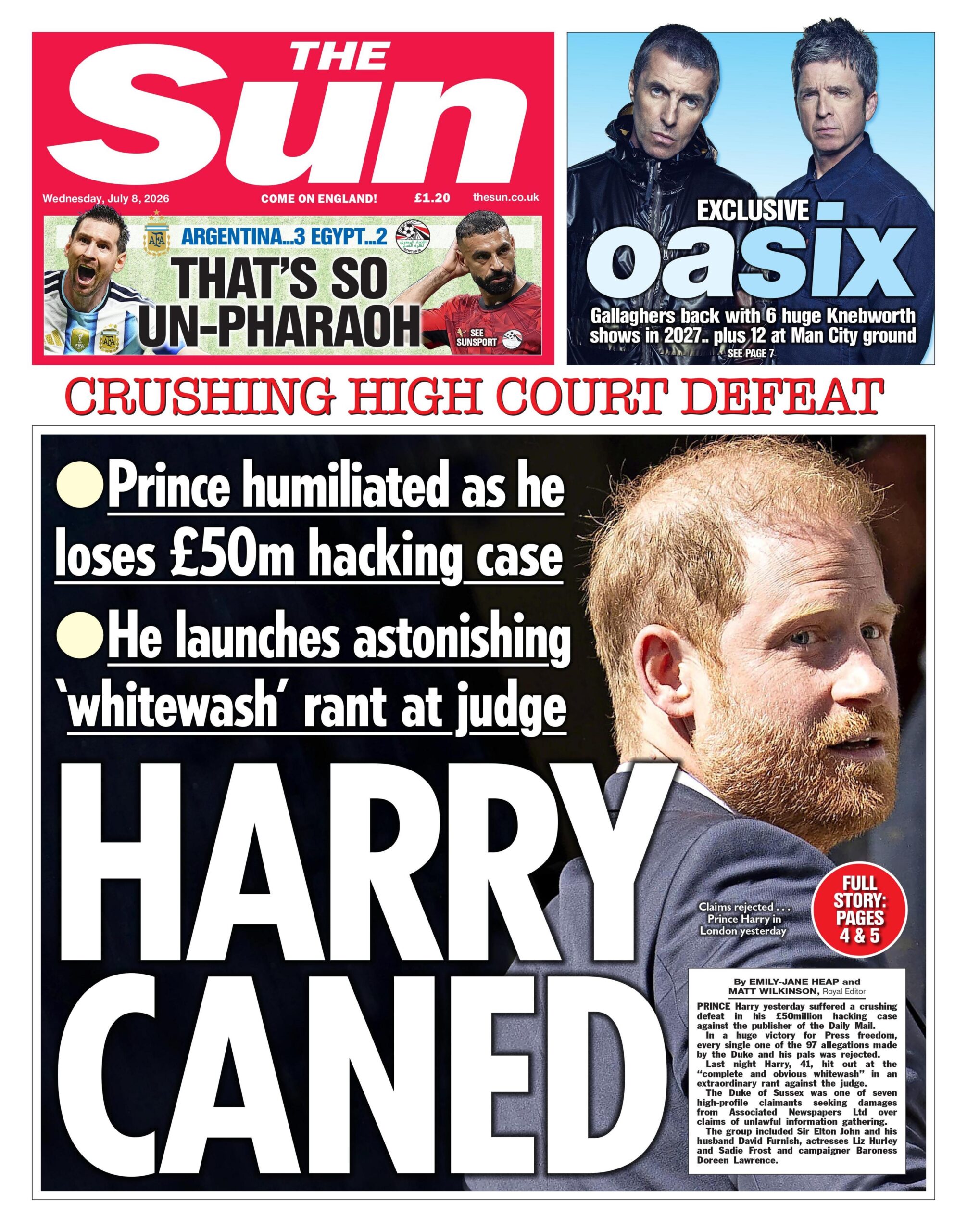 The headline on the front page of the Sun reads: 'Harry Caned.'
