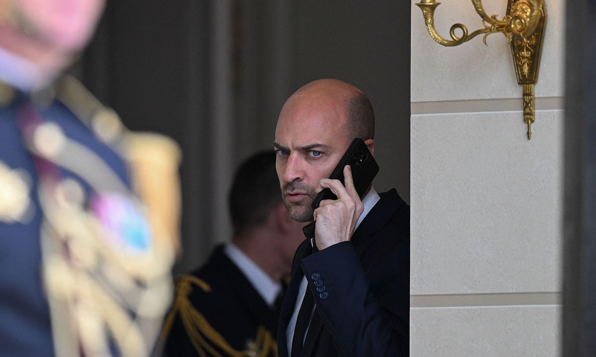 Jean Noel Barrot, Minister for Europe and Foreign Affairs, on the phone during at the Elysee Palace in Paris, France, April 2026.