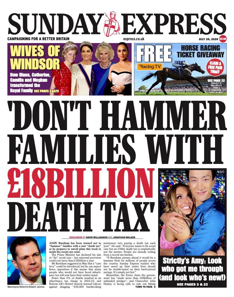 The headline on the front page of the Sunday Express reads: "Don't hammer families with £18bn death tax."