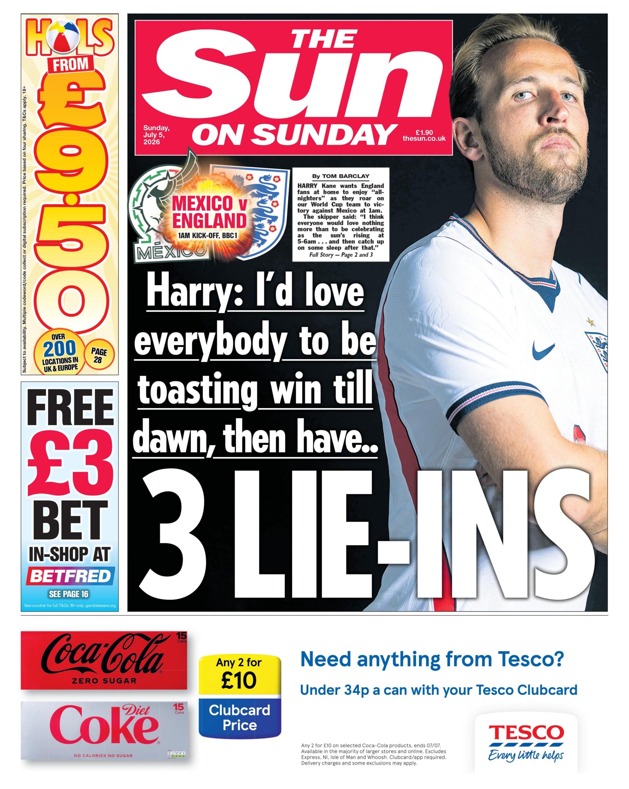 The headline on the front page of the Sun reads: “3 lie-ins”.