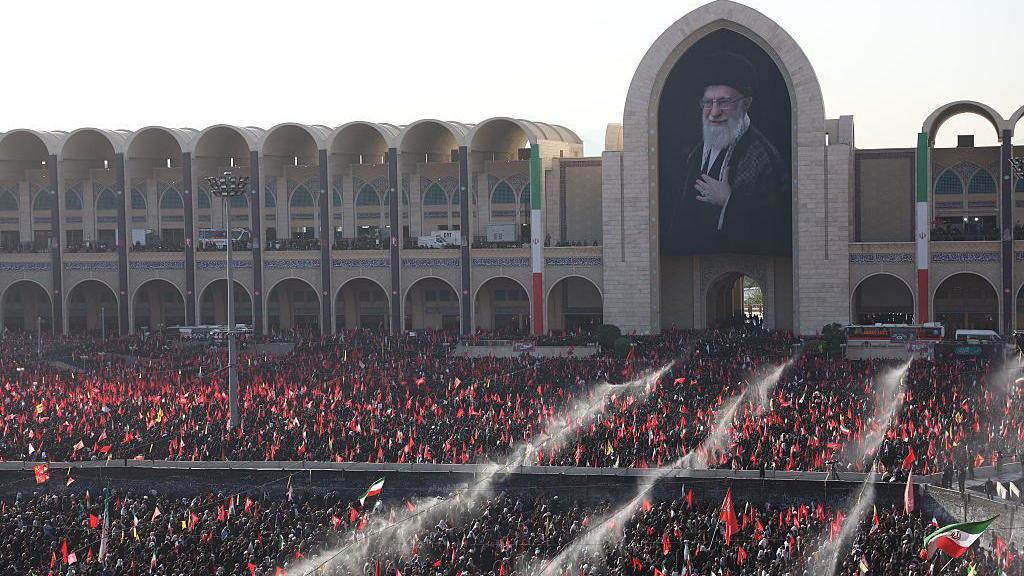 Mourners gather at the Grand Mosalla to pay their final respects to Iran's slain supreme leader Ayatollah Ali Khamenei in Tehran