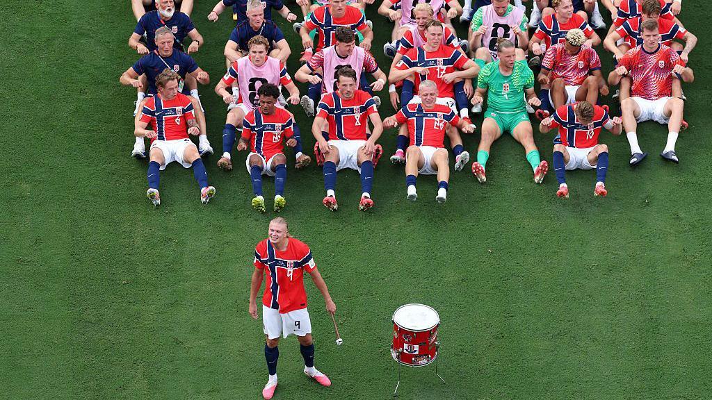Norway's Erling Haaland leads his team's Viking Row after beating Brazil