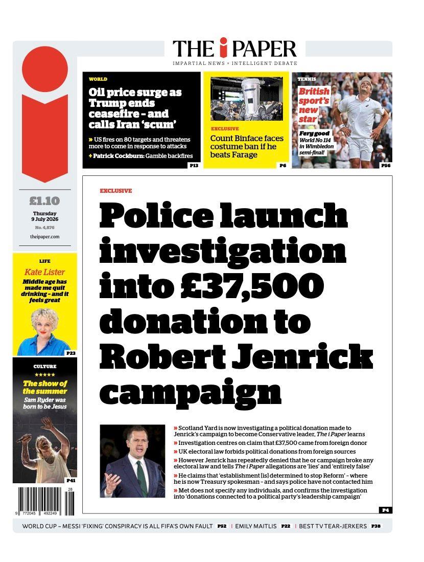 The headline for the front page of the i Paper reads: 'Police launch investigation into £37,500 donation to Robert Jenrick campaign.'