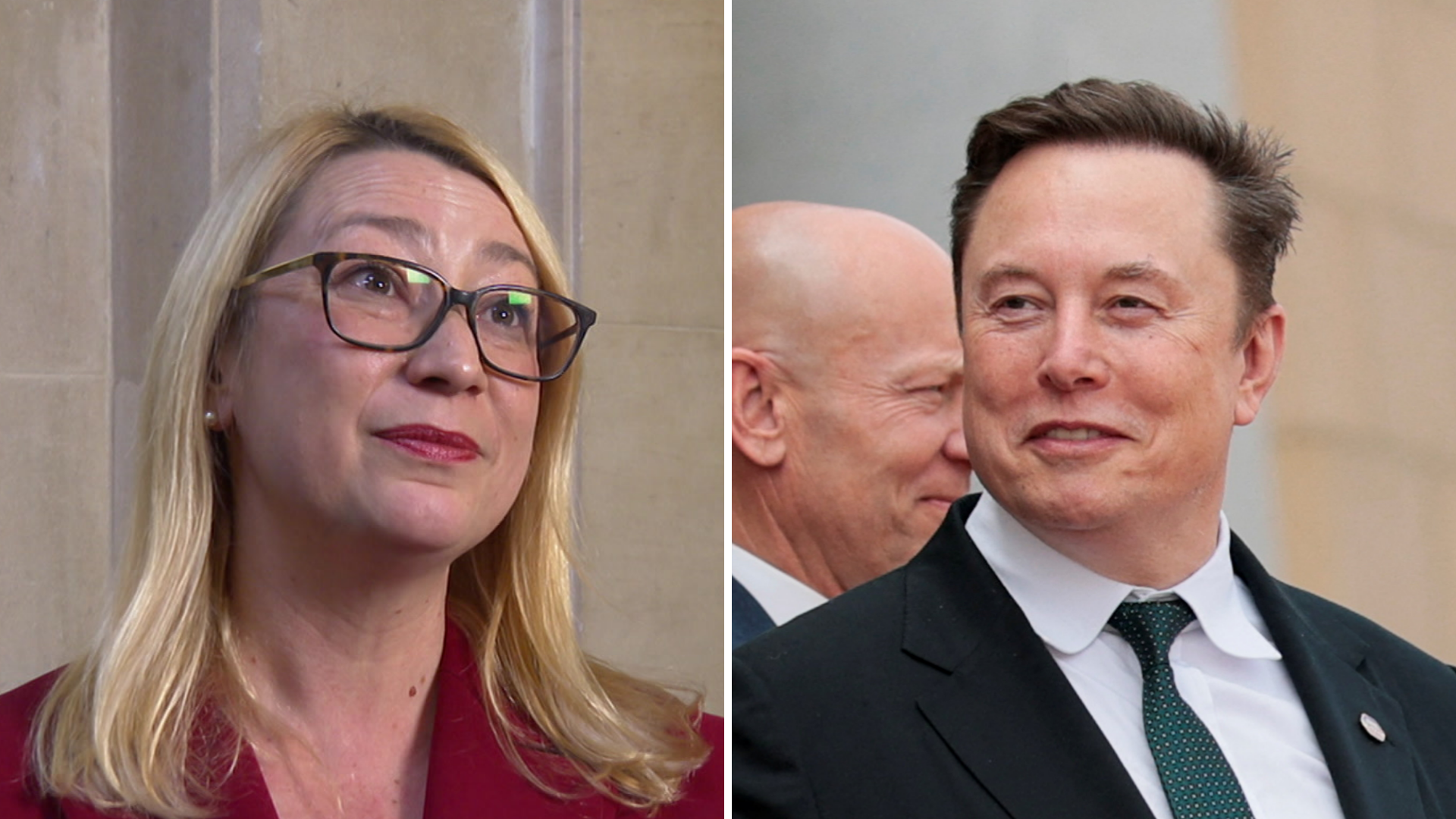 Two images together of Jess Asato and Elon Musk. Jess looks to the right of the camera. She has shoulder-length blonde hair, glasses and is wearing a red blazer. Elon looks towards the left. He has dark hair and wears a suit with a white shirt and green tie.