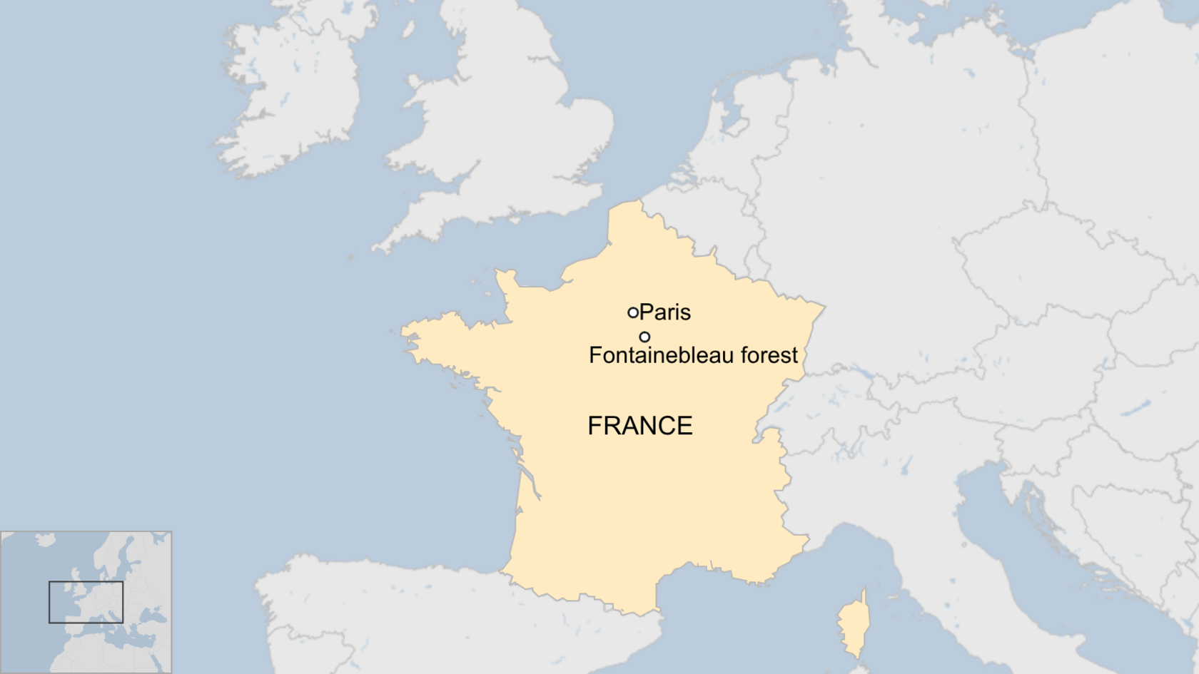 A map showing France, Paris and the Fontainebleau forest just south of it