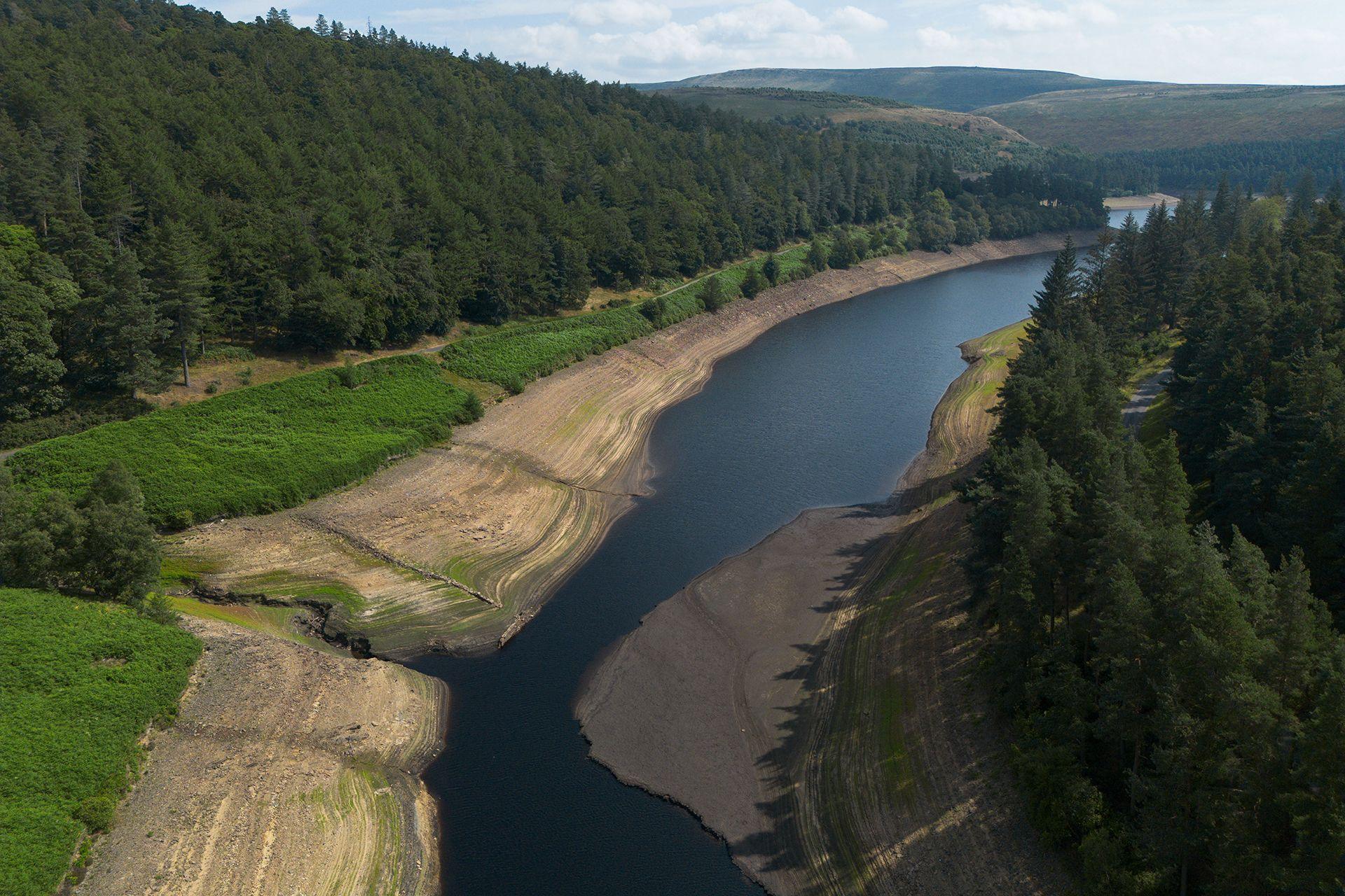 An aerial photograph taken with a drone of low water levels at Howden Reservoir, Britain, 29 July 2026.