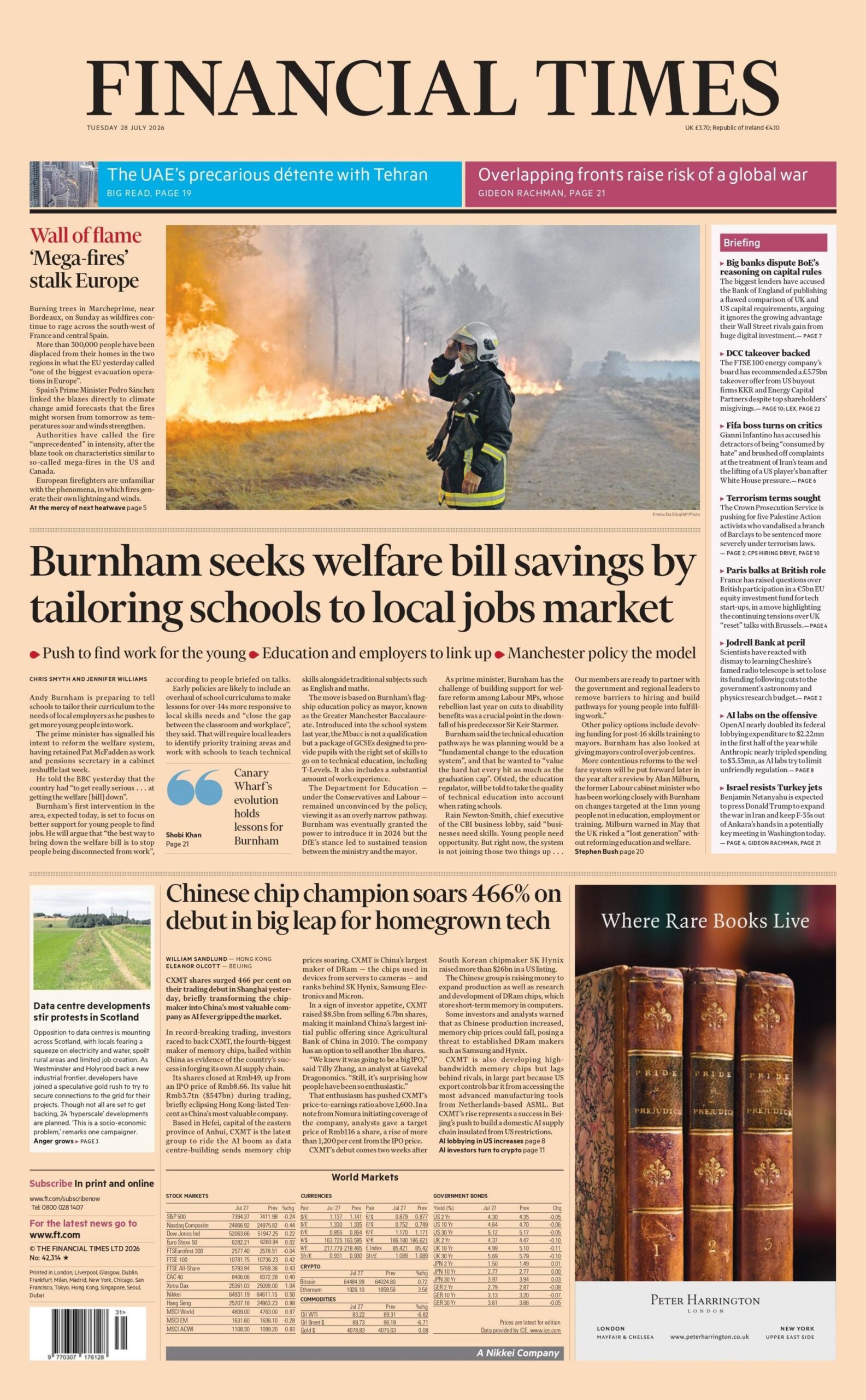 "Burnham seeks welfare bill savings by tailoring schools to local jobs market," reads the headline on the front page of the Financial Times.