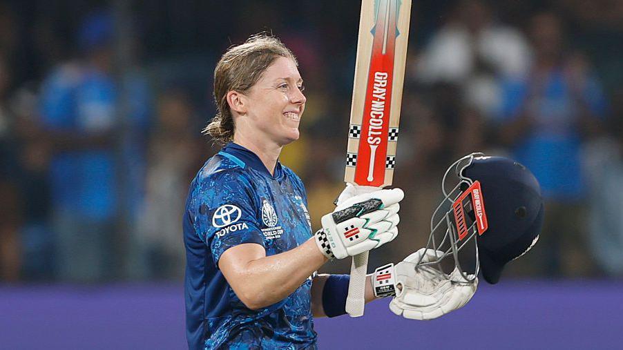 Heather Knight celebrates a century v India at the 2025 World Cup