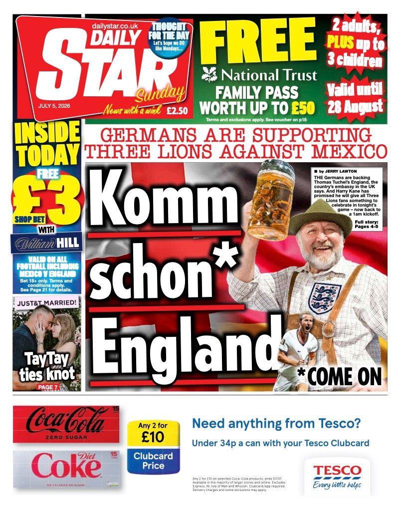 The headline on the front page of the Daily Star reads: “Komm schon* England”.