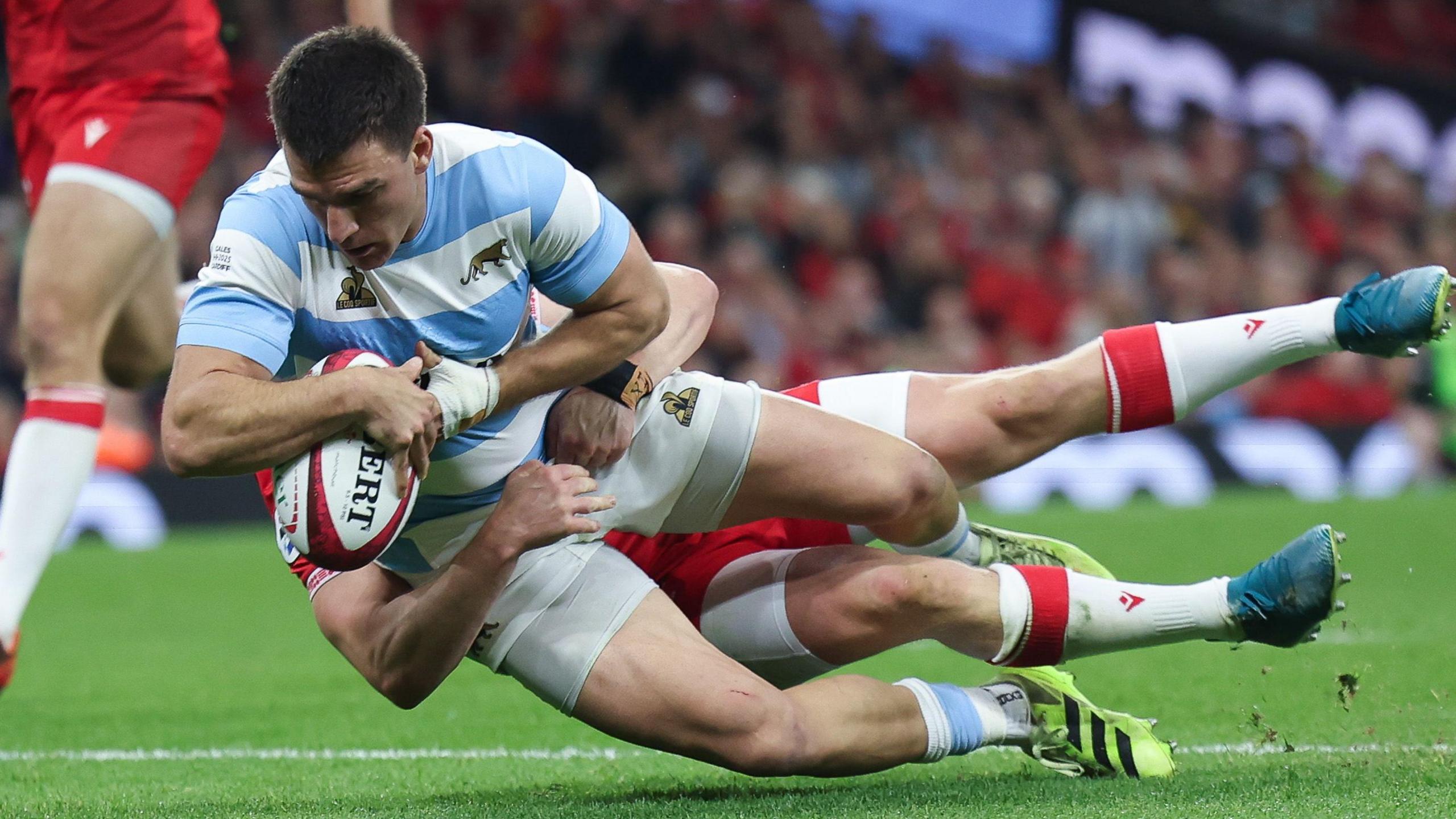 Geronimo Prisciantelli of Argentina scores against Wales in Cardiff