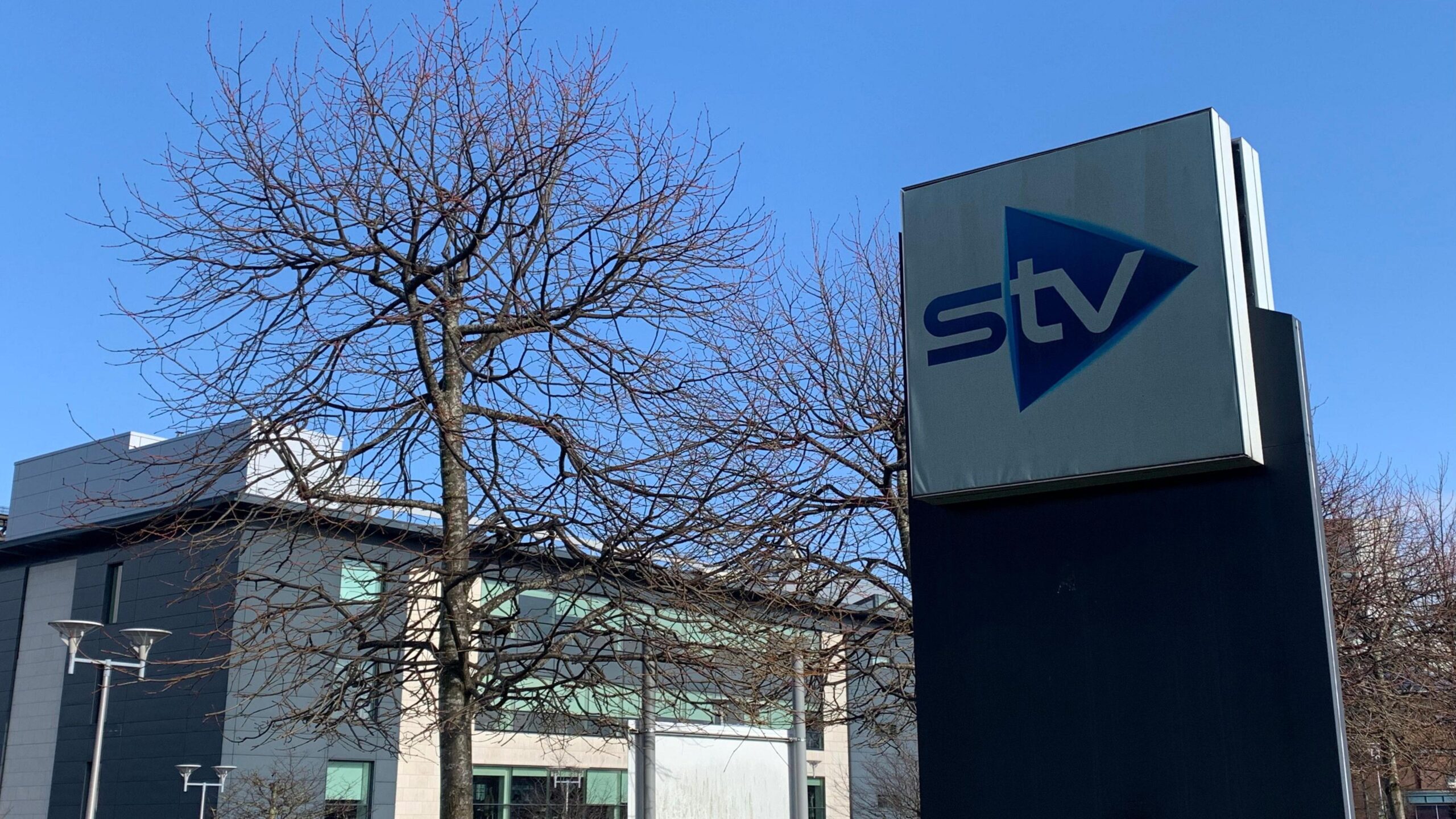 A general view of the STV sign outside the headquarters in Glasgow.