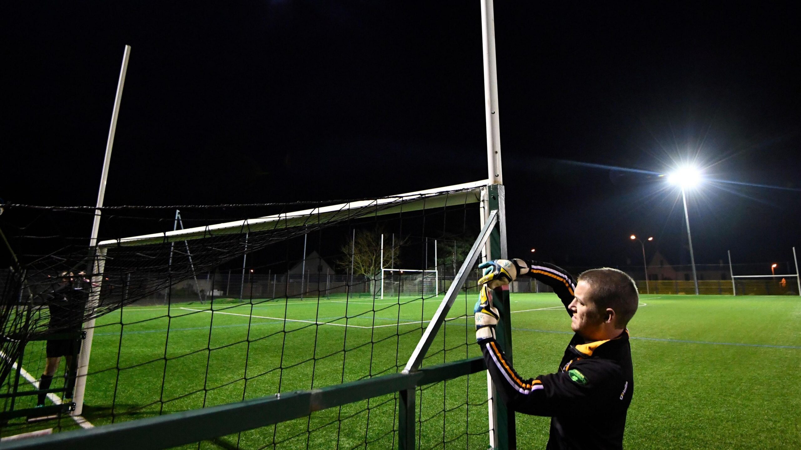 Posts are attached to football nets at Liffre GAA club