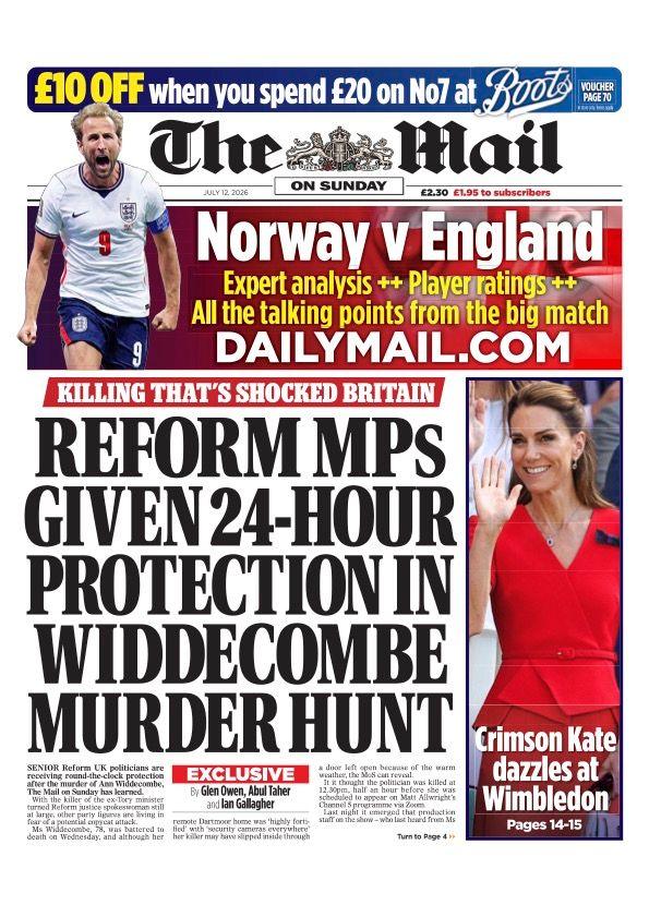 "Reform MPs given 24-hour protection in Widdecombe murder hunt," reads the headline on the front page of the Mail on Sunday.